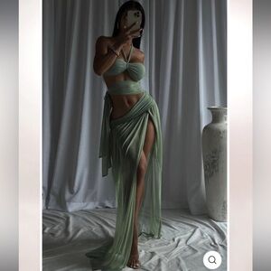 Sage Mesh Halter Cut Out Slit Maxi Dress